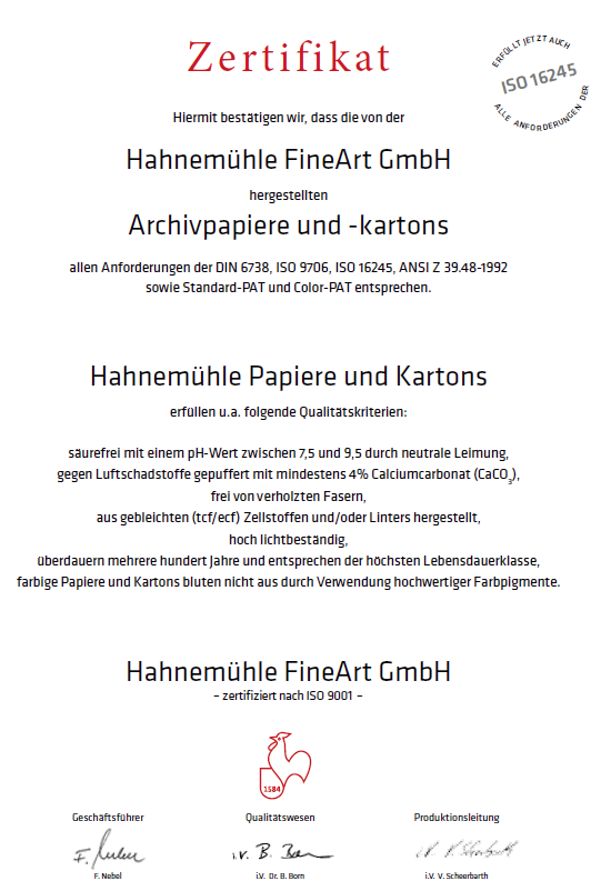 Hahnemühle Zertifikat